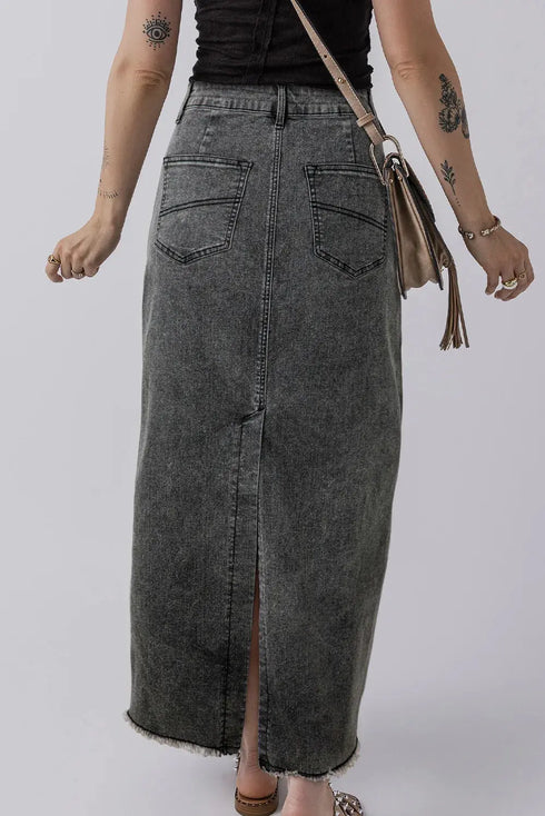 'Mobi' Raw Hem Midi Denim Skirt with Pockets - Celes Fashion